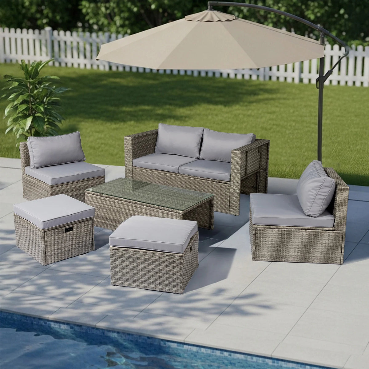 Ktaxon 7-Piece Wicker Patio Furniture Set, Patio Furniture Set with Water Resistant Thick Cushions and Coffee Table, Beige