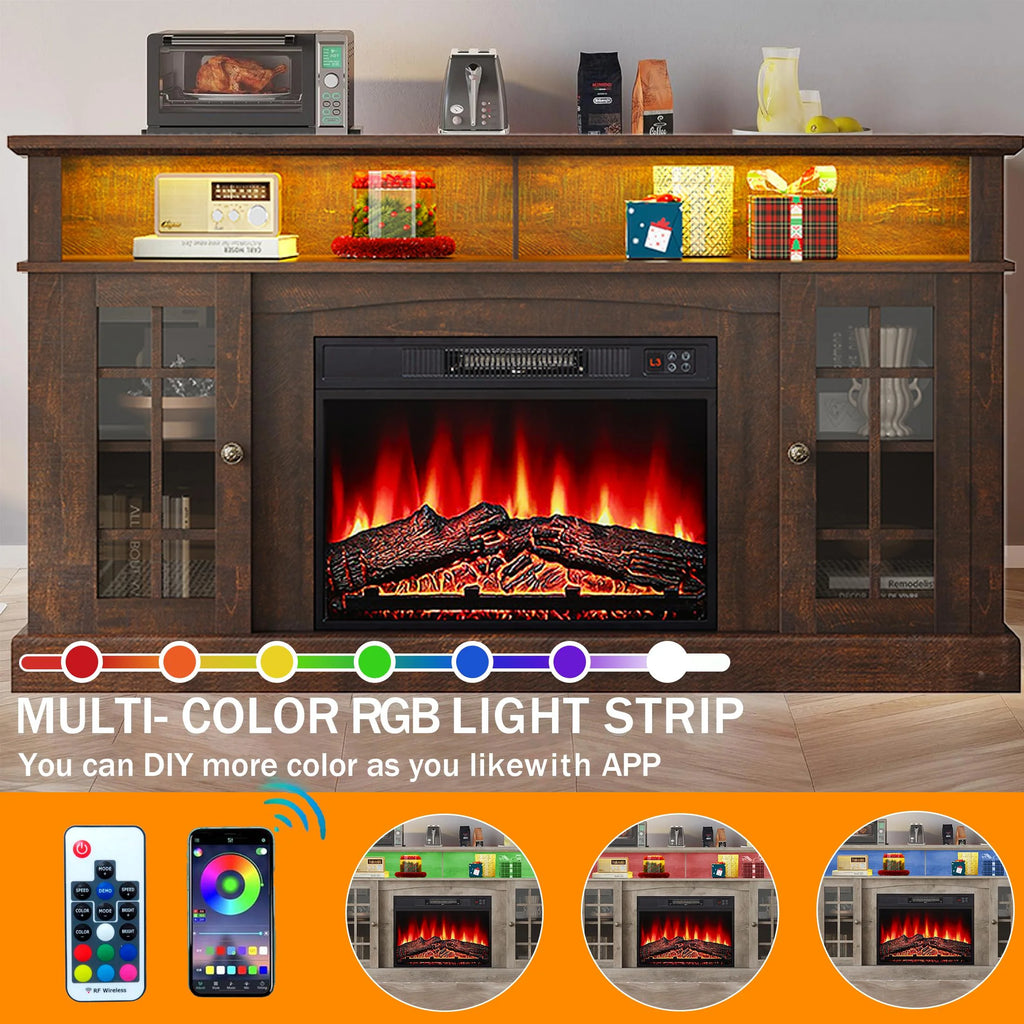 SESSLIFE Fireplace TV Stand for 65 Inch TV, TV Console with 23''Electric Fireplace, Console Entertainment Center Television Table for Living Room or Bedroom, Brown