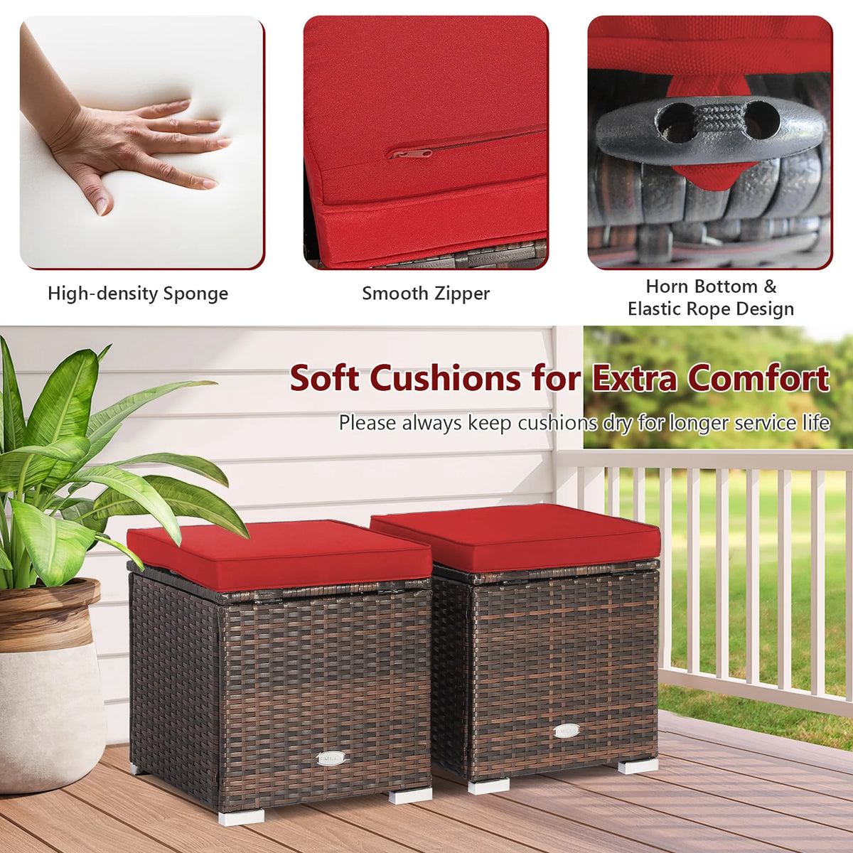 Costway 2PC Patio Rattan Ottoman Seat Side Table Storage Box Footrest Off White