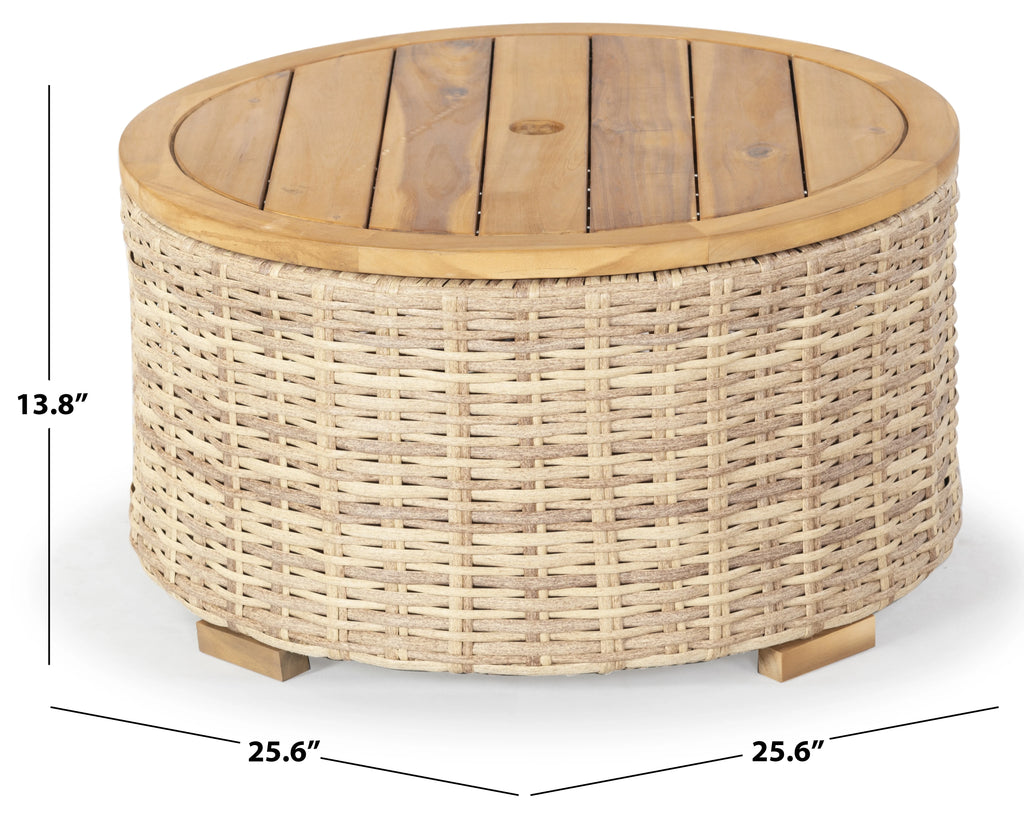 SAFAVIEH Couture Anguilla Outdoor Patio Round Wicker Coffee Table with Storage, Natural
