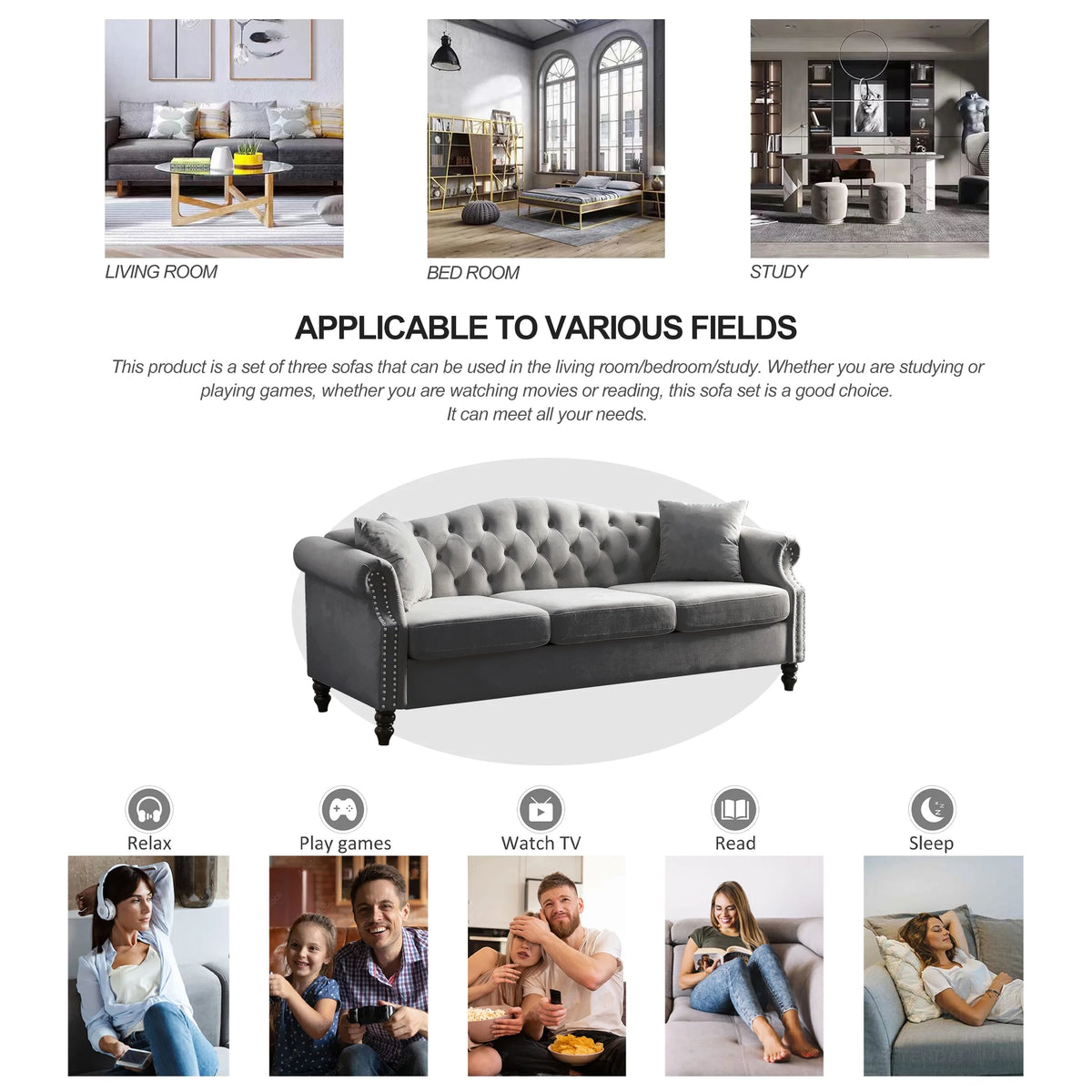 Chesterfield Upholstered Velvet Sofa, 3 Seater Button Tufted Couch with Nailhead Arms for Living Room Bedroom Office Apartment