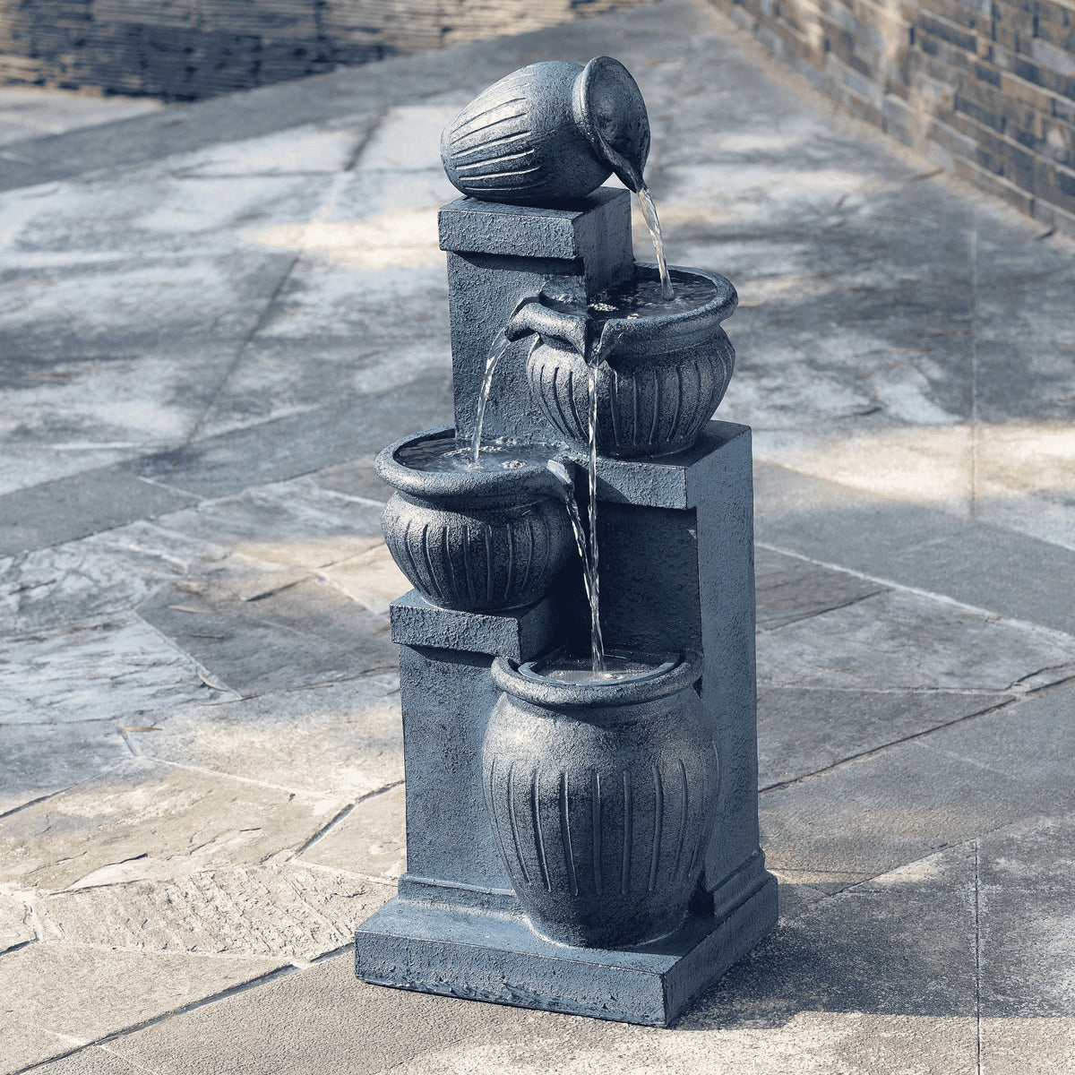 Teamson Home Outdoor Water Fountain with Lights 4-Tier Cascading Bowl Design with LED Light & Solar Pump, Solar-Powered Water Fountain Outdoor Garden, Yard, or Patio Dcor, Navy Blue