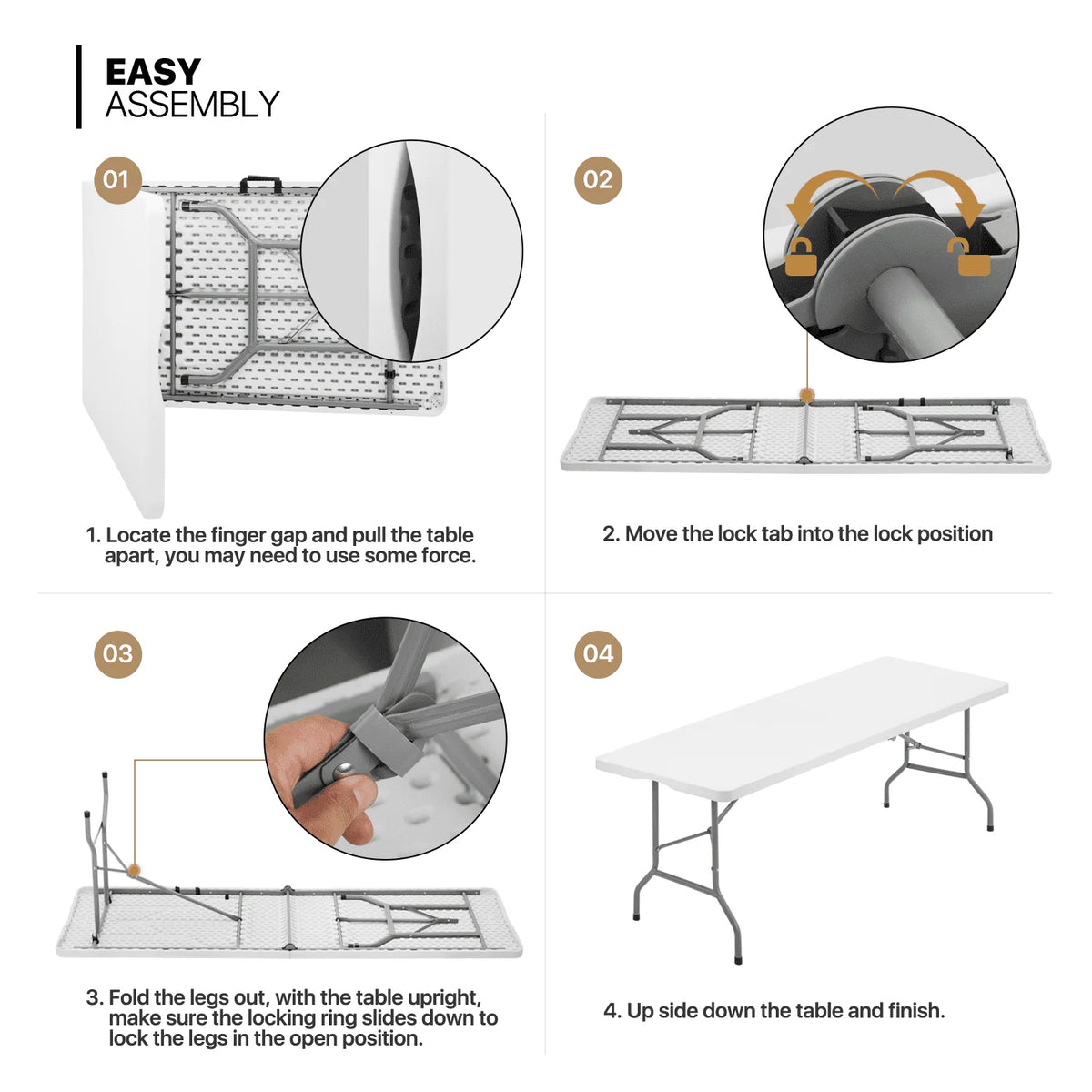 MoNiBloom 8Ft Folding Heavy Duty Table, Indoor Outdoor Portable Rectangle Plastic Picnic Desk with Steel Frame and Handle, White