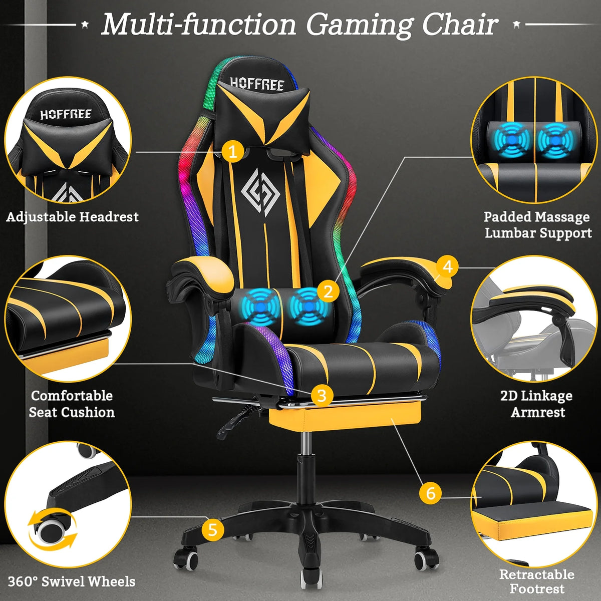 Hoffree Gaming Chair with Bluetooth Speakers and Footrest Massage Office Chair with LED Lights Ergonomic Game Chair High Back with Lumbar Support and Headrest Adjustable Swivel for Adults 300lb