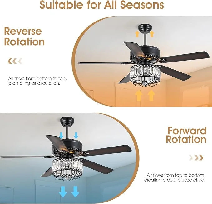 Kviflon 52" Farmhouse Ceiling Fan with Lights & Remote, Crystal Chandelier, Wood Blades, Quiet Motor, 6-Speed, Timer, Modern Lighting for Living Room, Bedroom, Dining Room, Chrome Finish