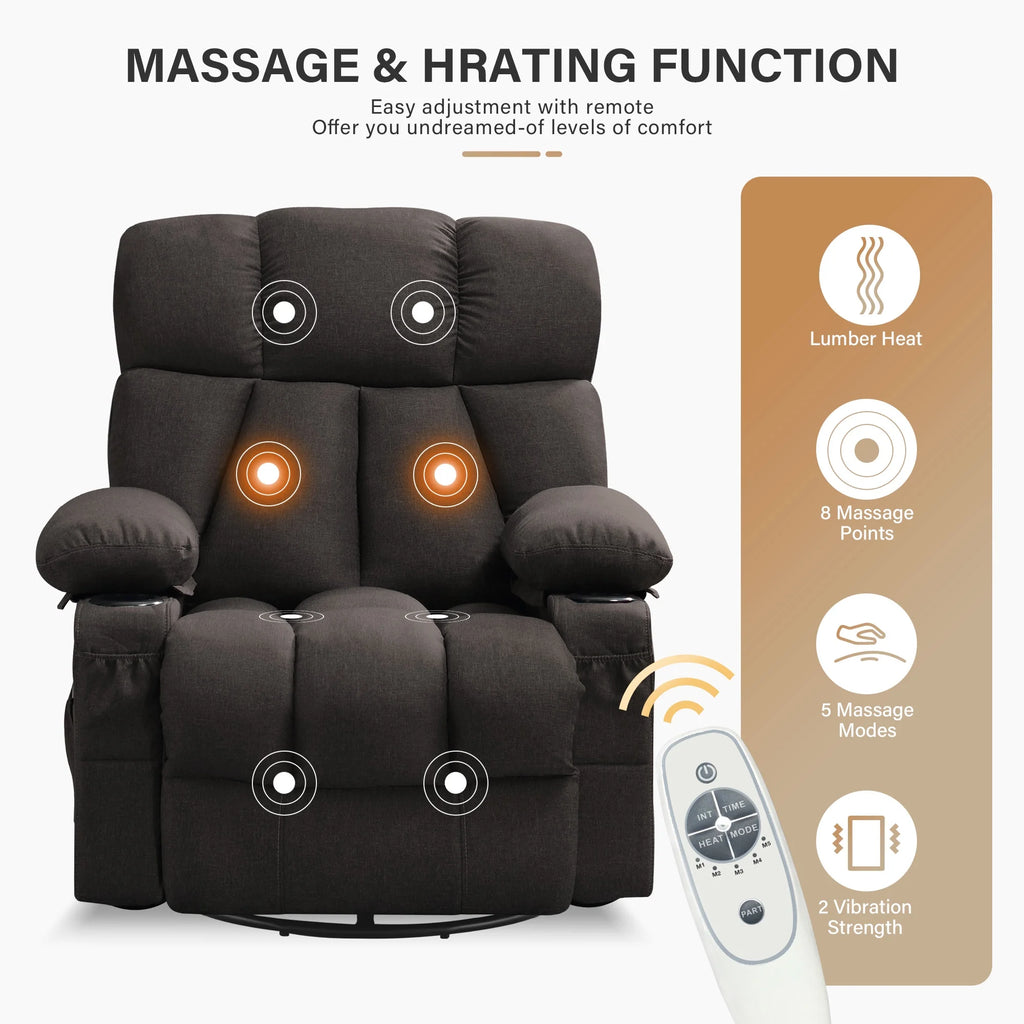 JONPONY Manual Recliner Chair with Heat Therapy and Massage Function, Heavy Duty Reclining Mechanism Massage Chair, Elderly Single Rocker Sofa with Cup Holders for Bedroom Home Theater,Grey