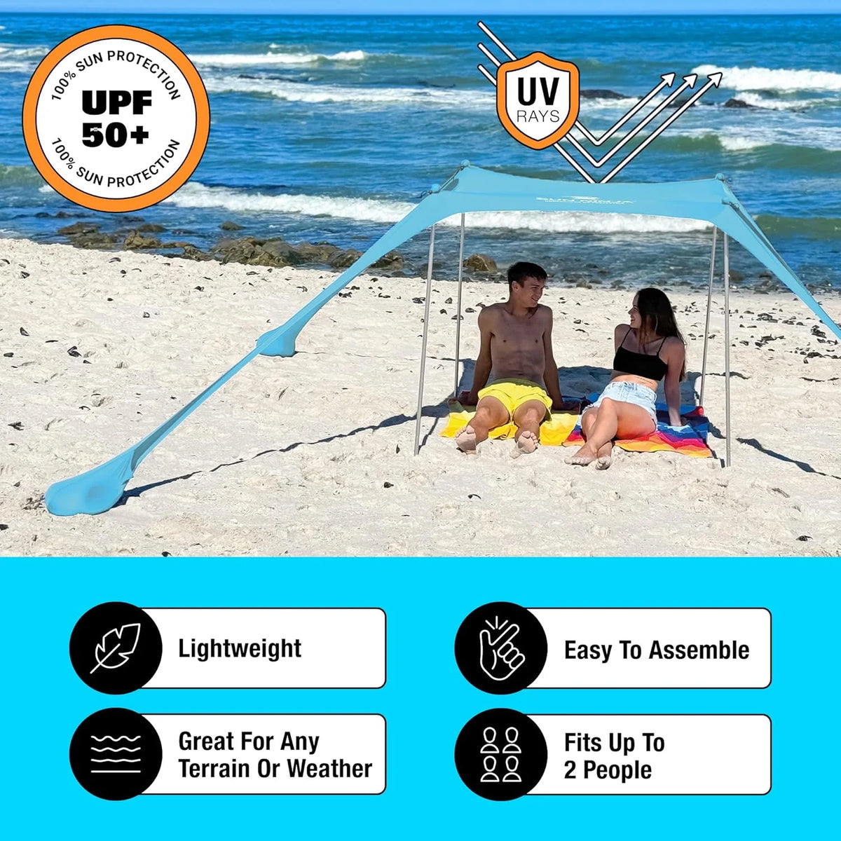 SUN NINJA 10x10.5 FT Pop-Up Beach Tent with Sand Shovel, Pegs & Stability Poles Navy Blue Sun Shelter for Beach, Camping & Outdoor Activities