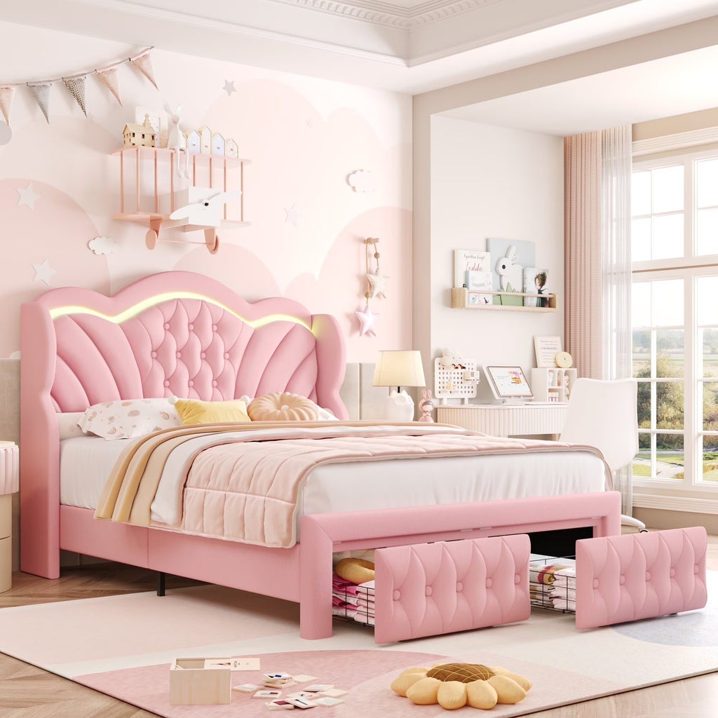Hiphuta Modern Queen Bed Frame with 2 Drawers, LED Lights Platform Bed Frame, Sturdy Beds Frame with Upholstered Button Tufted Headboard, Velvet White
