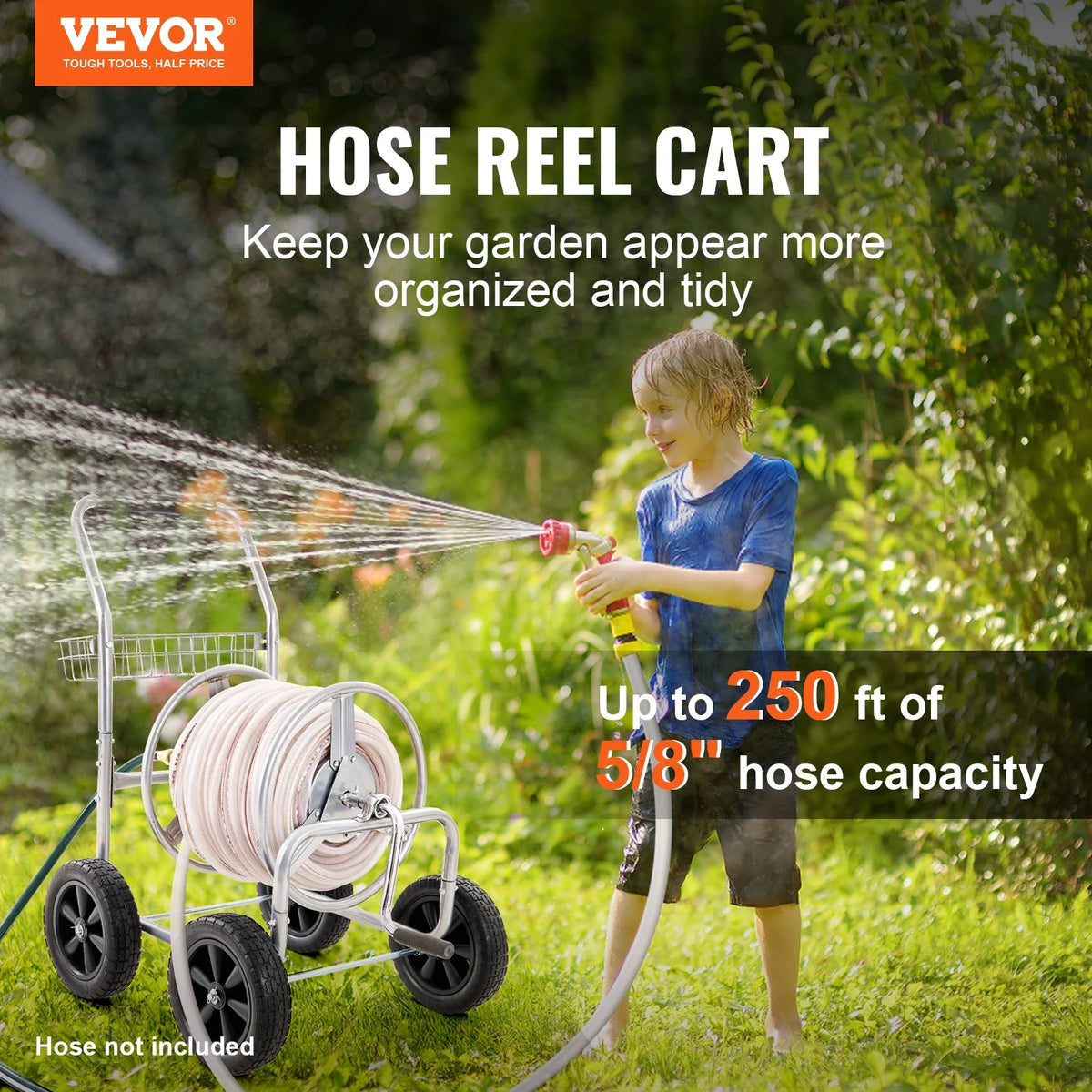 VEVOR Hose Reel Cart, Hold Up to 250 ft of 5/8 Hose, Garden Water Hose Carts Mobile Tools with 4 Wheels, Heavy Duty Powder-coated Steel Outdoor Planting with Storage Basket, for Garden, Yard, Lawn