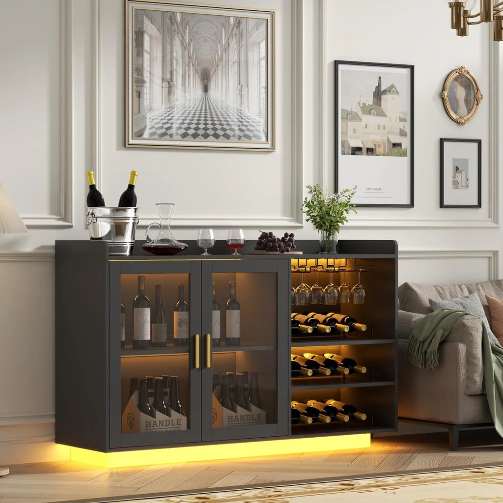 Wine Bar Cabinet with LED Lights, Floating Coffee Bar with Glass Rack and Removable Wine Racks, Modern Buffet Sideboard with Storage Shelves, Kithchen Bar with Glass Cabinet Doors