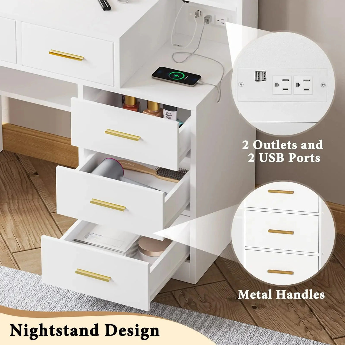 White Vanity Set Desk Table with 10 LED Lights & Charging Station & Sliding Mirror, Modern Makeup Vanity Desk Dressing Table with 5 Drawers for Bedroom, 10 LED Light Bulbs