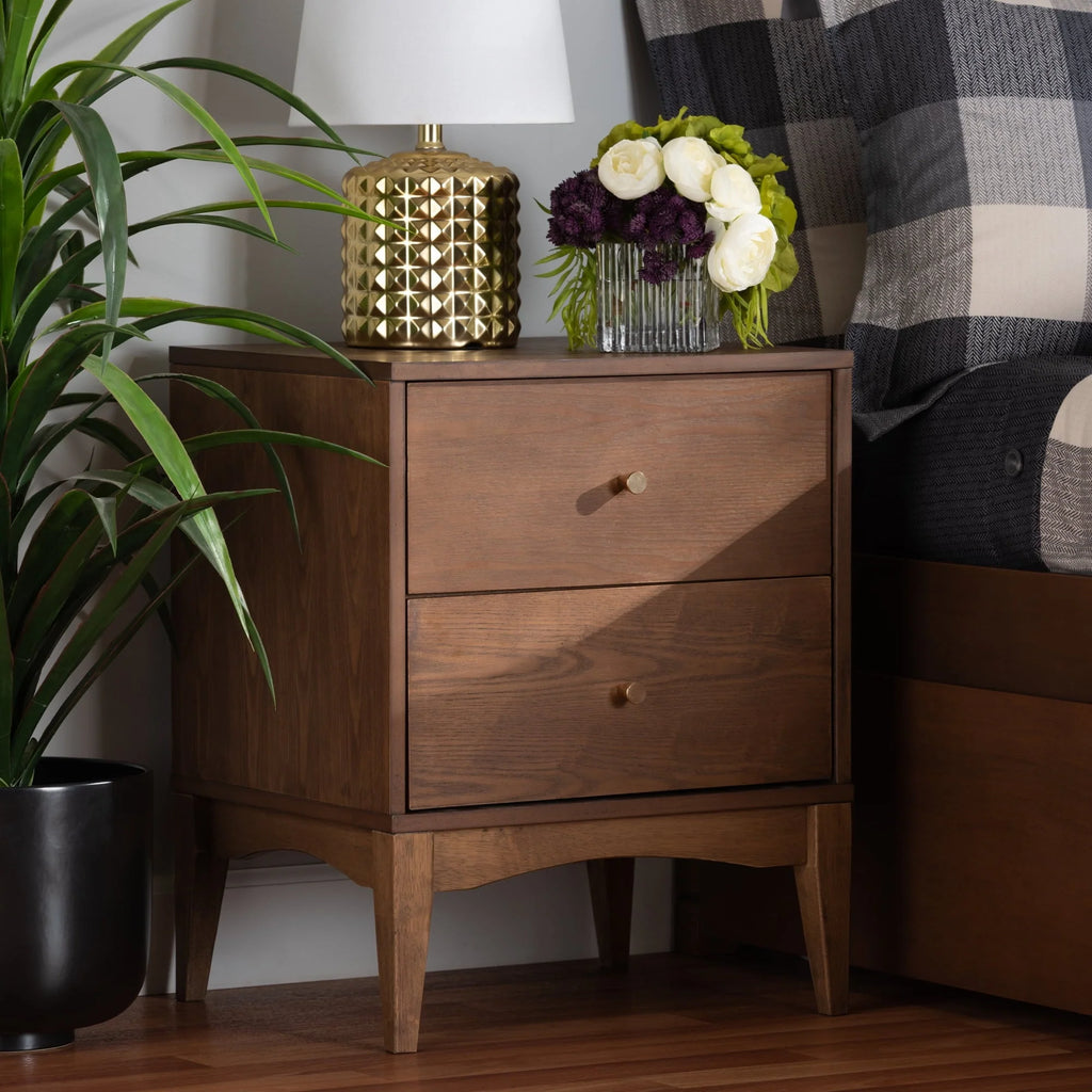 Baxton Studio Landis Mid-Century Modern Ash Walnut Finished Wood 2-Drawer Nightstand