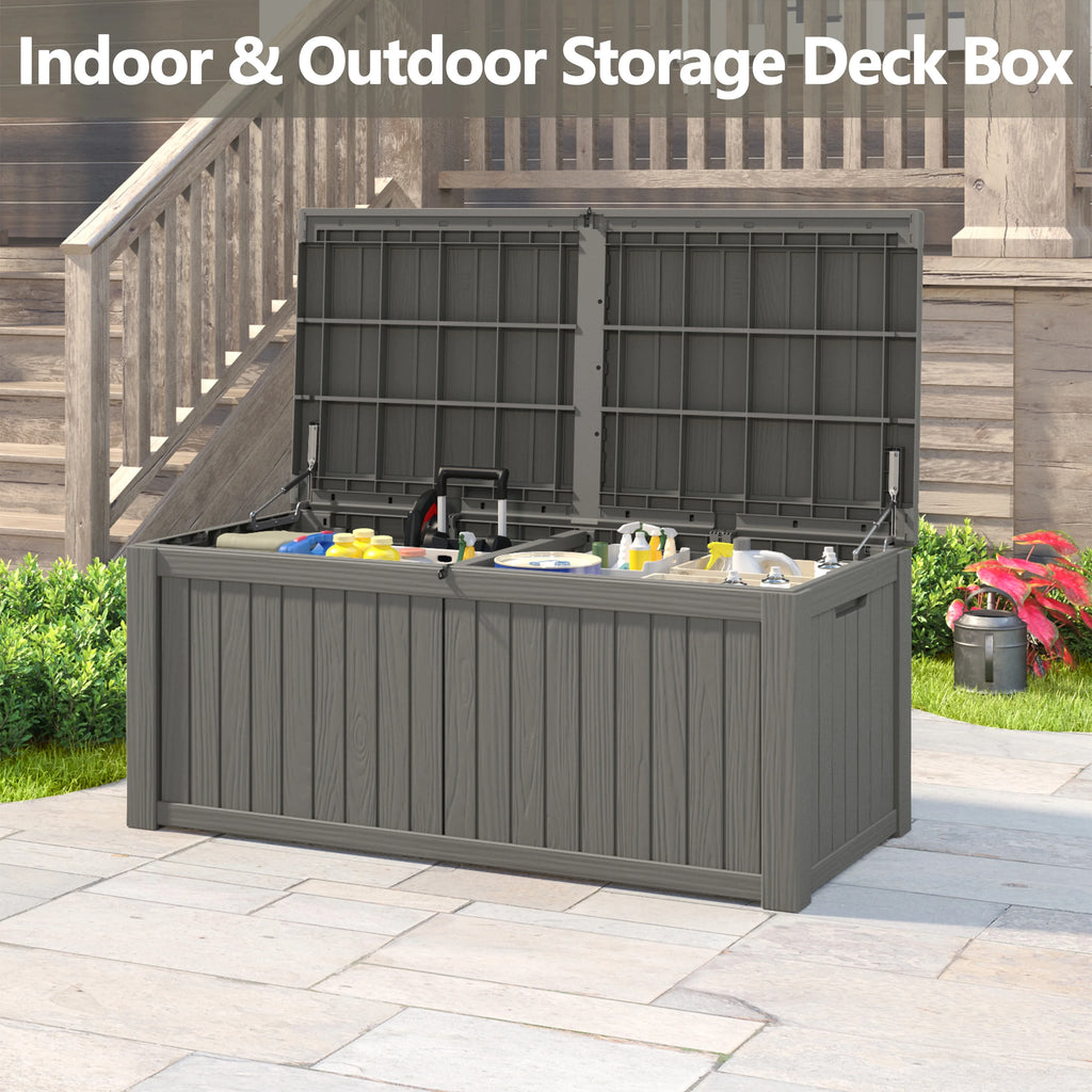 LHBcraft 150 Gallon Deck Box, Outdoor Storage Box, Large Waterproof Resin Indoor Storage Box with Built-in Steel Beams for Patio, Cushions, Pool Supplies