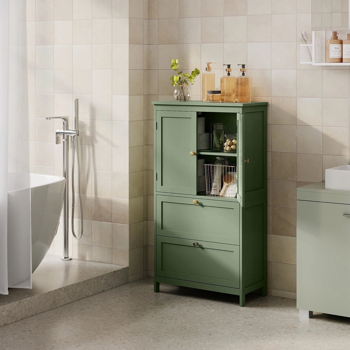 LEDREM Freestanding Storage Cabinet with 2 Doors & 2 Drawers, Adjustable Shelf, Wall-Mounted Anti-Tip Design, 11.8" x 23.6" x 43.3", Forest Green