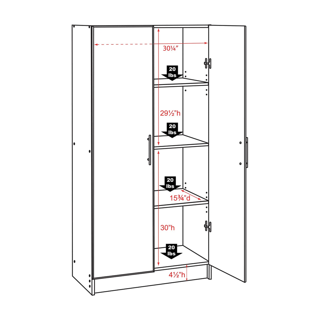Prepac Adjustable Shelves Cabinet - Functional Tall Garage Table, 16"D x 32"W x 65"H Freestanding Garage Cabinet with 2-Doors, Light Gray - GES-3264