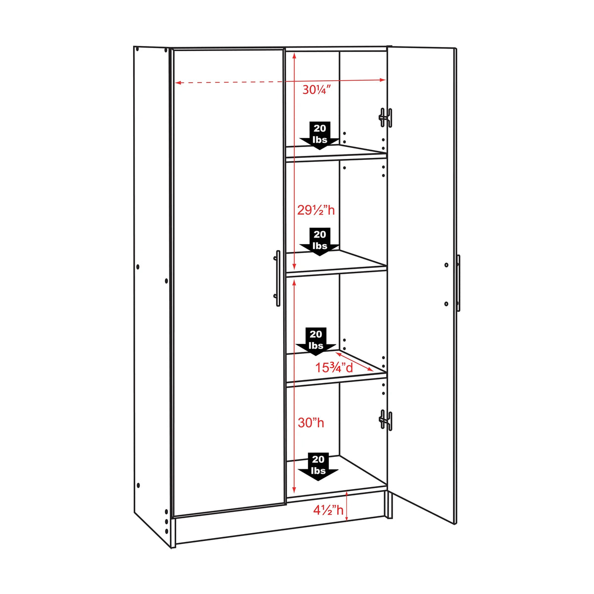 Prepac Adjustable Shelves Cabinet - Functional Tall Garage Table, 16"D x 32"W x 65"H Freestanding Garage Cabinet with 2-Doors, Light Gray - GES-3264