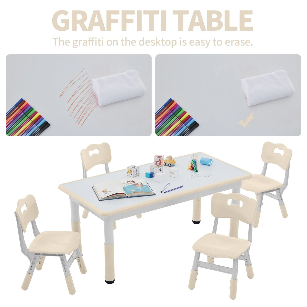 Toddler Table and Chairs Set for 4, 47.2''L x 23.6''W Kids Study Table and Chair Set, Height-Adjustable, Graffiti Desktop, Children Activity Table for Daycare, Classroom, Home