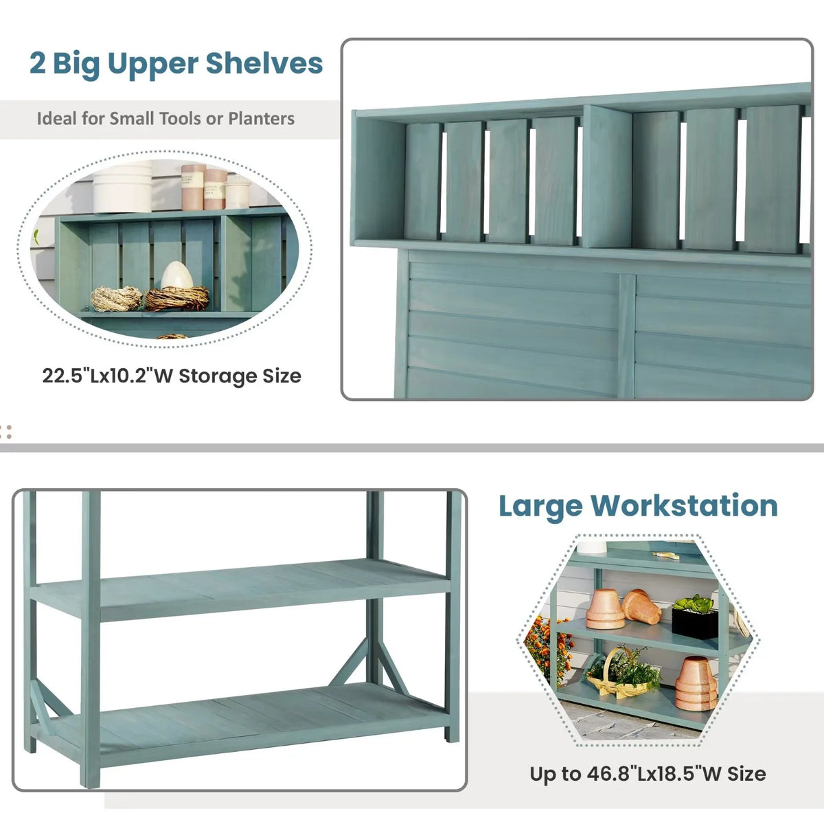 65" Outdoor Potting Bench Table, Farmhouse Wooden Garden Patio Workstation with 4 Storage Shelves and 3 Side Hooks, Multifunctional Potting Planting Table for Mudroom, Backyard, Natural