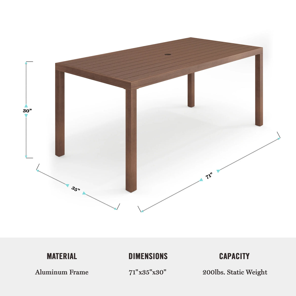 Martha Stewart 71" Indoor-Outdoor Patio Table with Gray Brushed Woodgrain Aluminum Finish