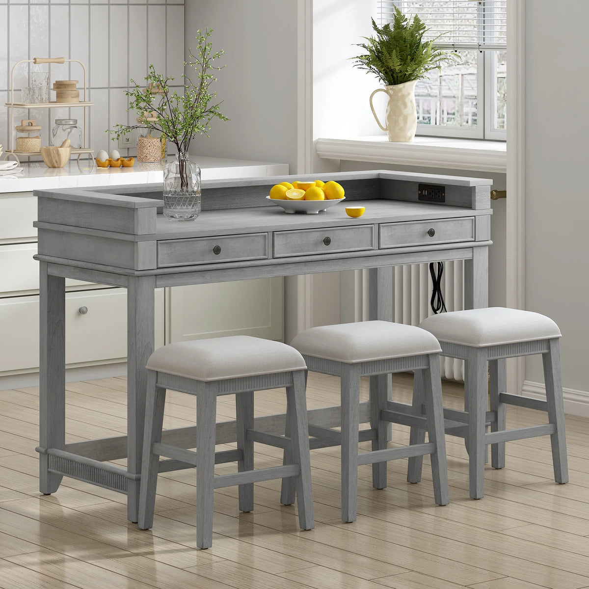 Harper & Bright Designs 4 Piece Bar Table Set for 4, Kitchen Dining Stools Set with 3 Upholstered Stools with 3 Drawers and USB Port, Gray