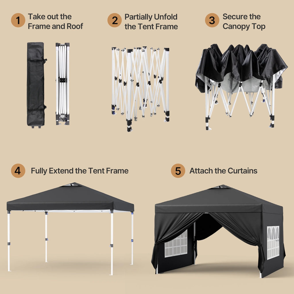 10'x10' Pop-up Canopy Tent with 4 Removable Sidewalls Lofka   Portable Outdoor Canopy with 4 Sandbags, 8 Stakes & Ropes Perfect for Beach, Party, Patio & Yard Events, Black