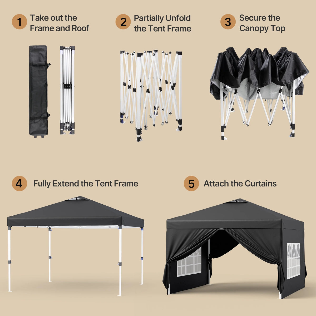 10'x10' Pop-up Canopy Tent with 4 Removable Sidewalls Lofka   Portable Outdoor Canopy with 4 Sandbags, 8 Stakes & Ropes Perfect for Beach, Party, Patio & Yard Events, Black