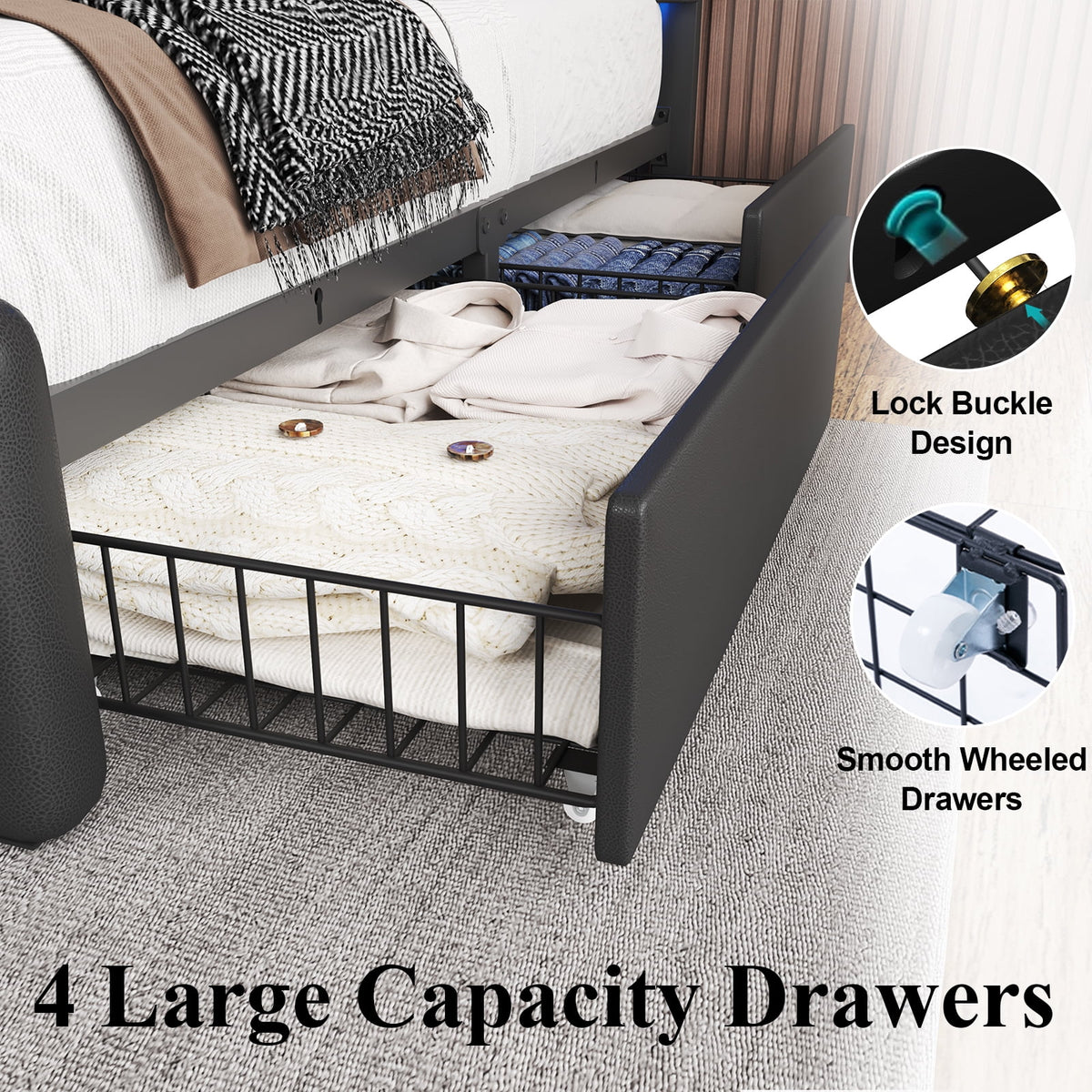 Full Size Upholstered LED Bed Frame with 4 Storage Drawers, Faux Leather Platform Bed with Adjustable Headboard, White