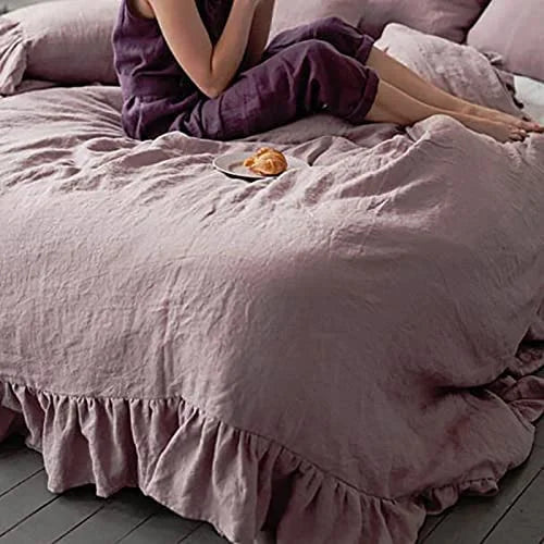 Simple&Opulence 100% Washed Linen Duvet Cover Set-3 Pieces Shabby Chic Premium Ruffled Bedding with 1 Comforter Cover and 2 Pillowshams France Flax High End Frill Sets Vintage Style(King, White)