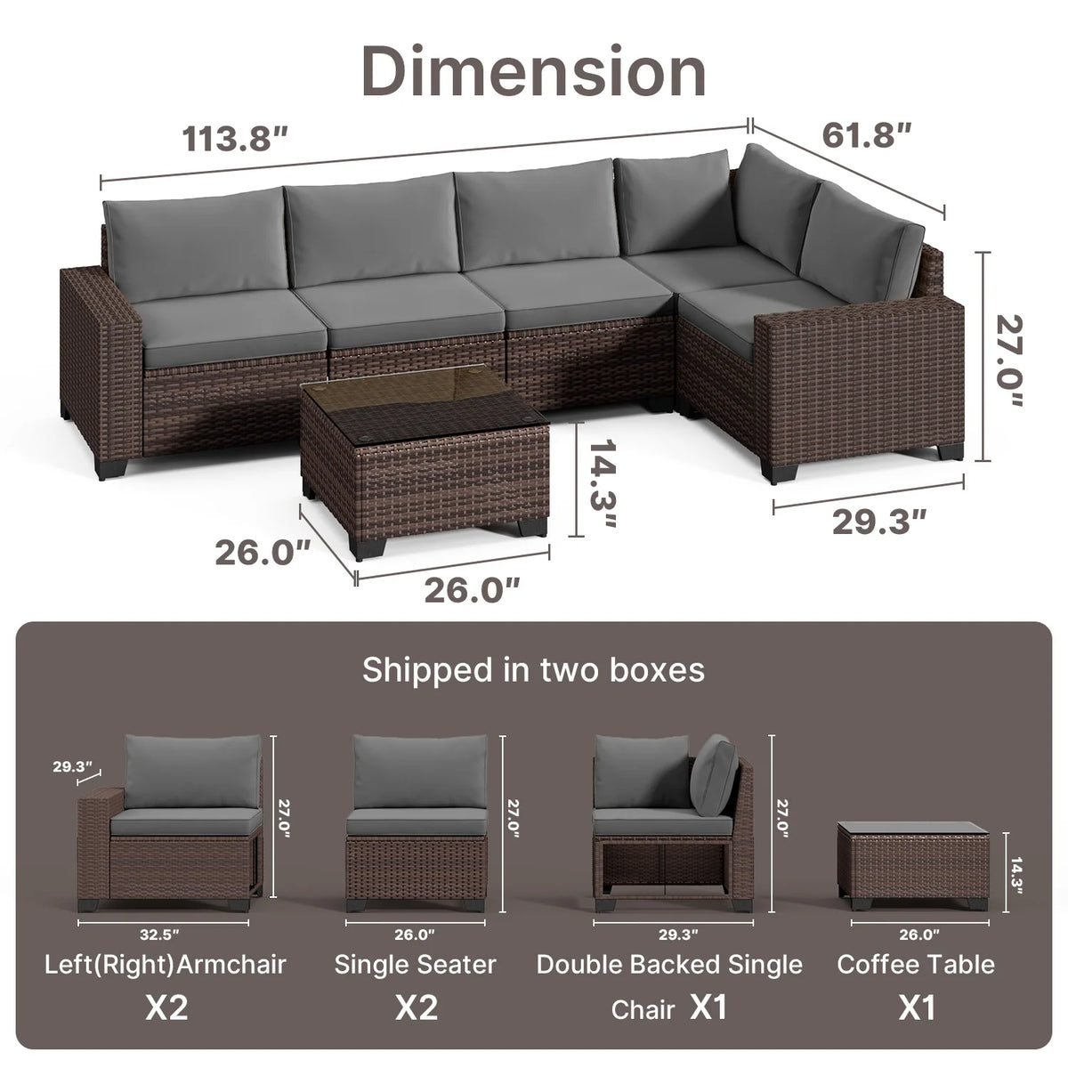 7 Piece Outdoor Patio Furniture Set, Asofer Rattan Wicker Outdoor Conversation Sectional Sofa Set, Gray