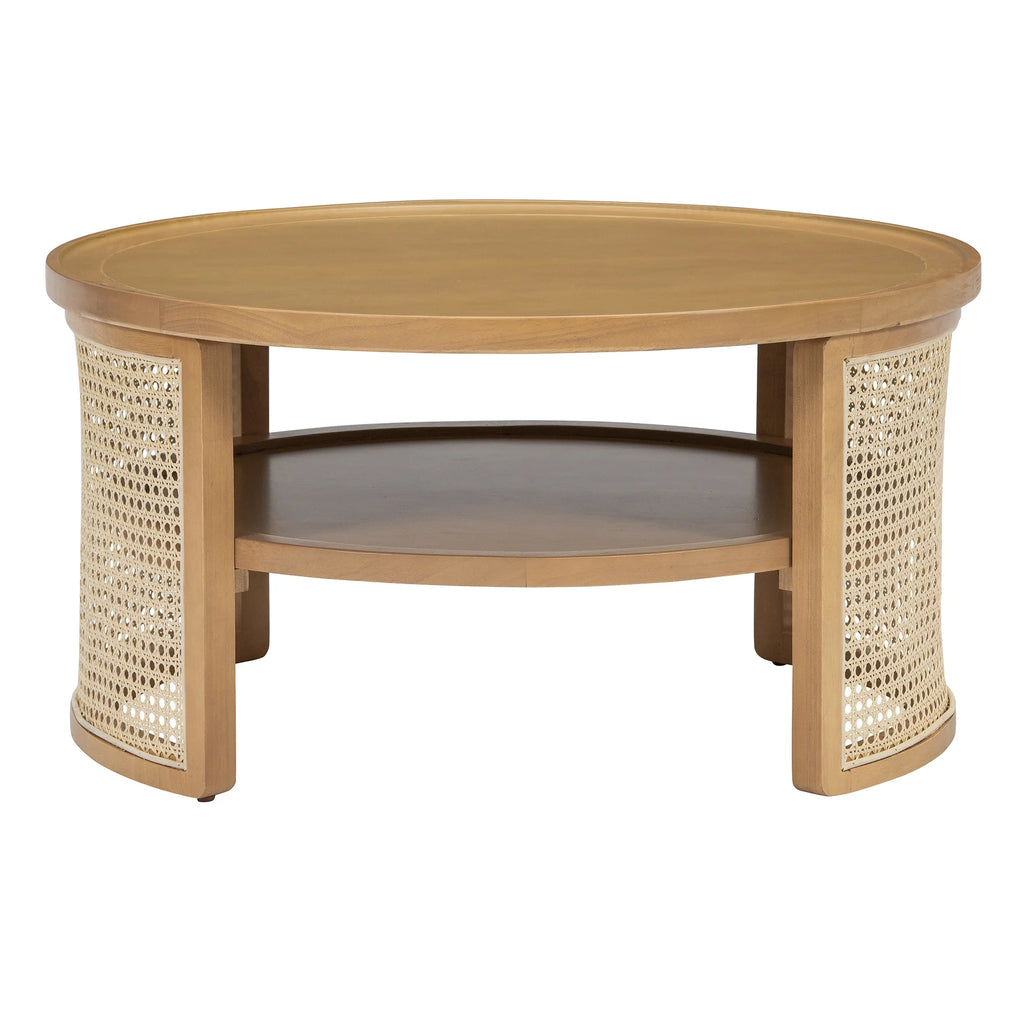 Harper & Bright Designs Rattan Round Coffee Table with Storage Shelf, Round Cane Wood Center Table for Living Room, 37'' Brown