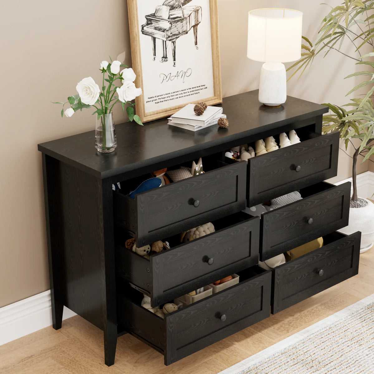 RichYa 6 Drawer Dresser for Bedroom,Chest of Drawers with Metal Knobs,Dresser for Closet,White