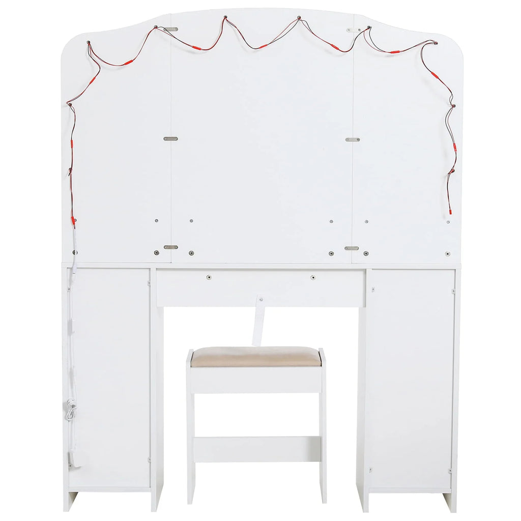 USIKEY Large Vanity Set with Large Lighted Mirror, Modern Makeup Vanity Table with 3 Drawers, 2 Storage Cabinets & 10 LED Bulbs and Cushioned Stool for Women, Bedroom, WhiteSZT32WD