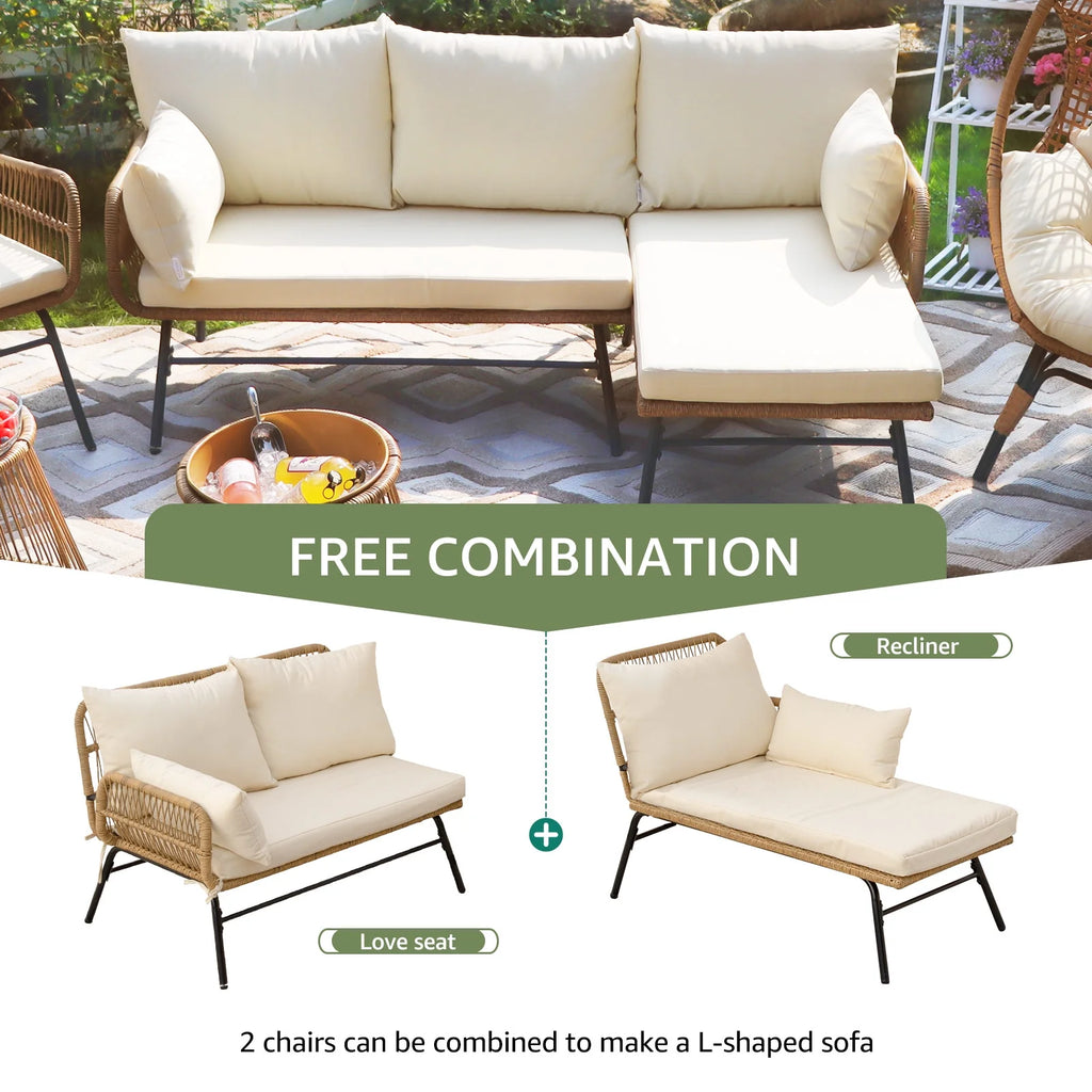 RADIATA 6-Piece Boho Patio Furniture Set, Outdoor Wicker Sectional Sofa Conversation Set with Ice Bucket & Coffee Table, 500lbs Capacity, Beige