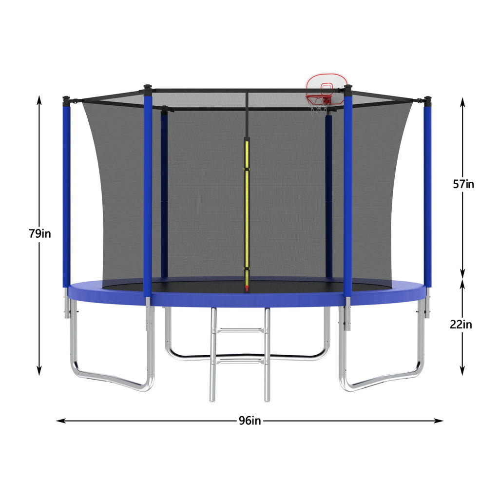 8FT Trampoline for Kids,Outdoor Trampoline with Basketball Hoop,Heavy-Duty Trampoline with Safety Enclosure Net,Blue
