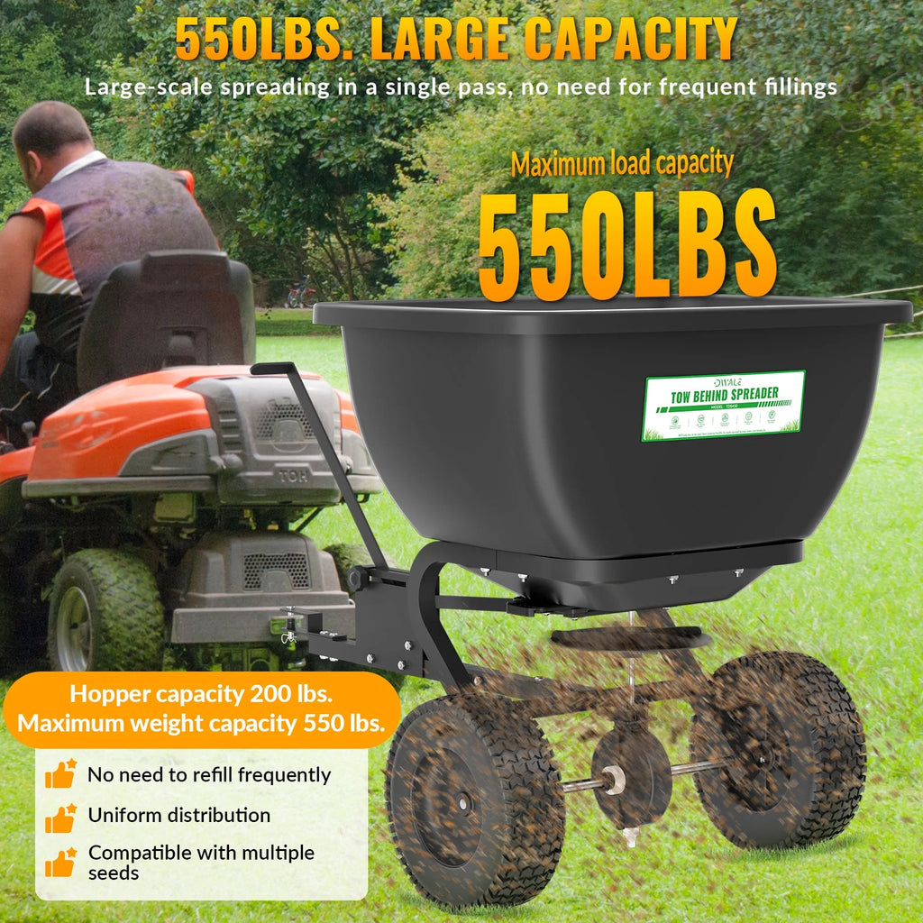 200LB Tow Behind Broadcast Spreader, Fertilizer Spreader Holds up to 550 lbs with 13" Pneumatic Tires and Adjustable Flow Control Lever,for Fertilizer, Grass Seed, Salt, Ice Melt, Lawn