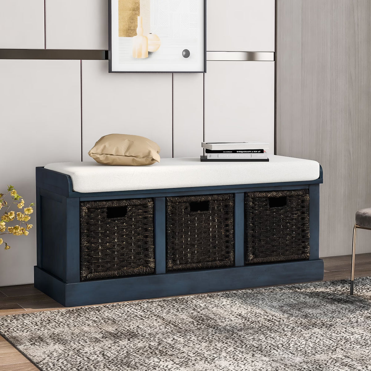 Entryway Storage Bench with 3 Woven Baskets and Removable Cushion, Entry Hallway Foyer Shoe Bench End of Bed Bench, Fully Assembled, 41.3" L x 15.7" W x 17" H (White&nbsp;Washed)