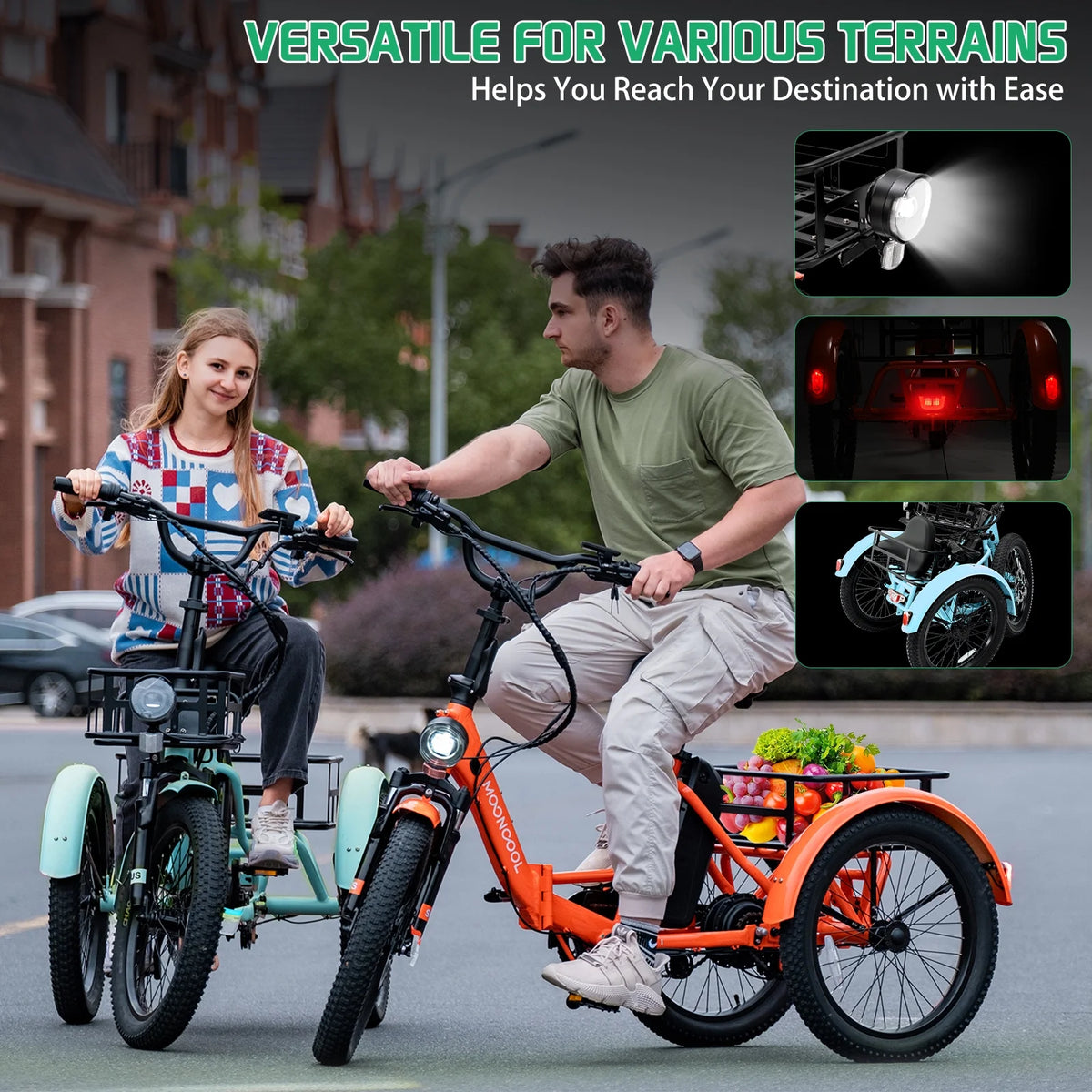 MOONCOOL TK1 Folding Electric Tricycle for Adults,48V 14.5Ah Removable battery, 500W Peak 1000w Motor, 20" Fat Tire Step-Thru 3Wheel Electric Bicycle w/Front&Rear Baskets, Certified to UL 2849 by SGS