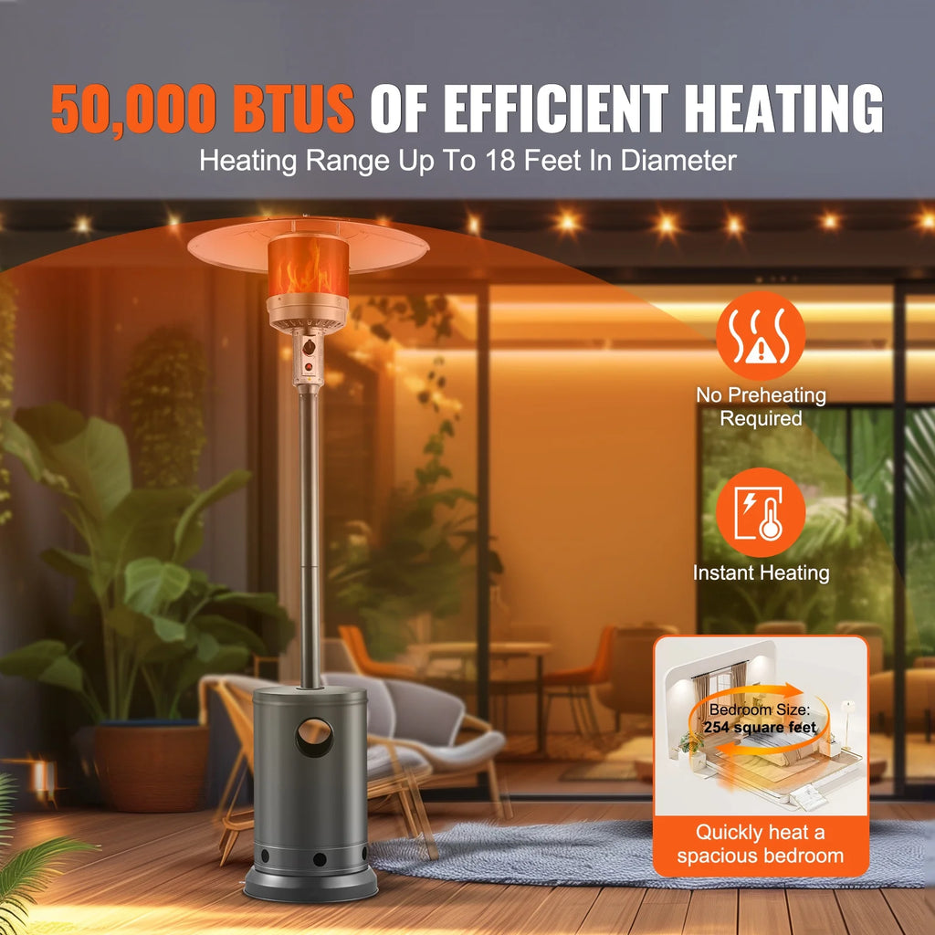 KFFKFF Outdoor Patio Heater, 50000BTU Propane Powered, Elegant Hammered Finish with Circular Table Feature, Durable Metal Burner & Portable Wheels, Ideal for Garden, Patio, Party, Backyard