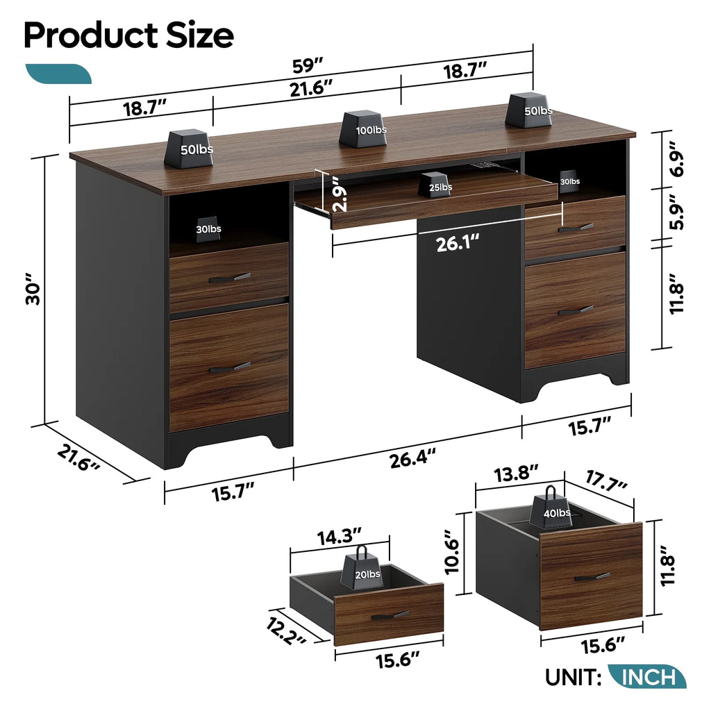 Bestier 59 Computer Desk with 4 Drawers, Office Executive Desk with File Drawer, Keyboard Tray for Home Office, Gray