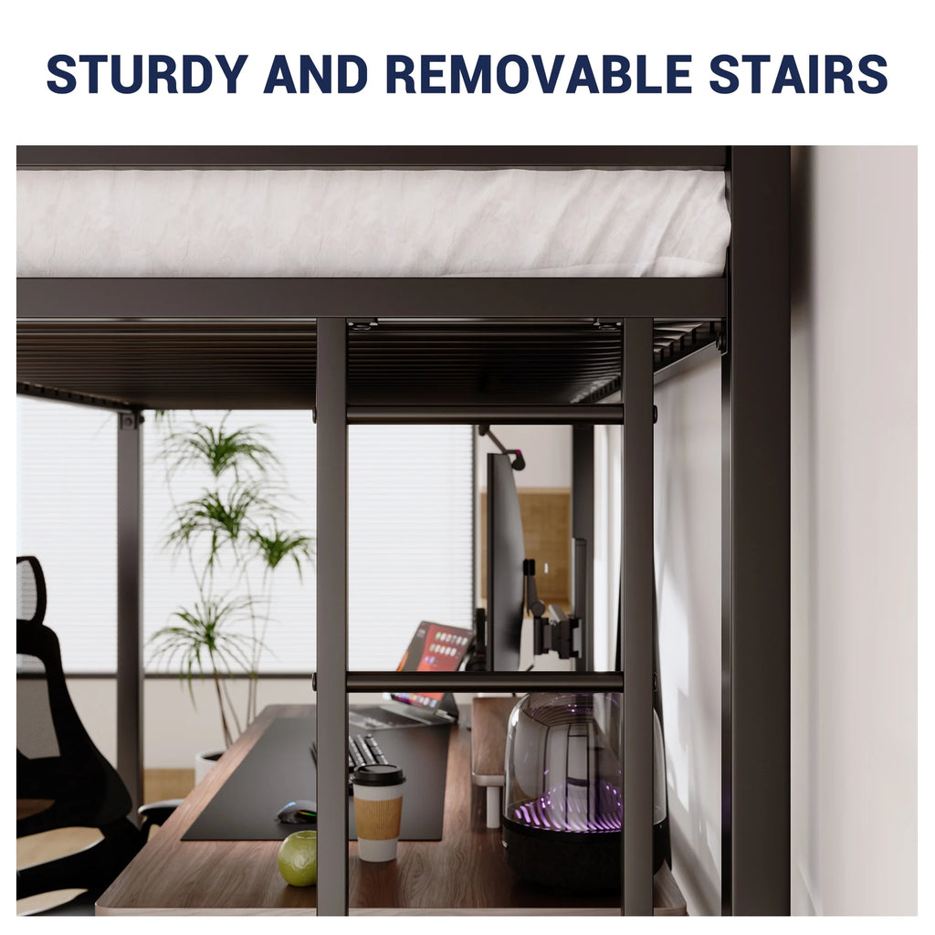 Sifurni Black Heavy Duty Twin Size Metal Loft Bed with Full-Length Guardrail & Removable Stairs