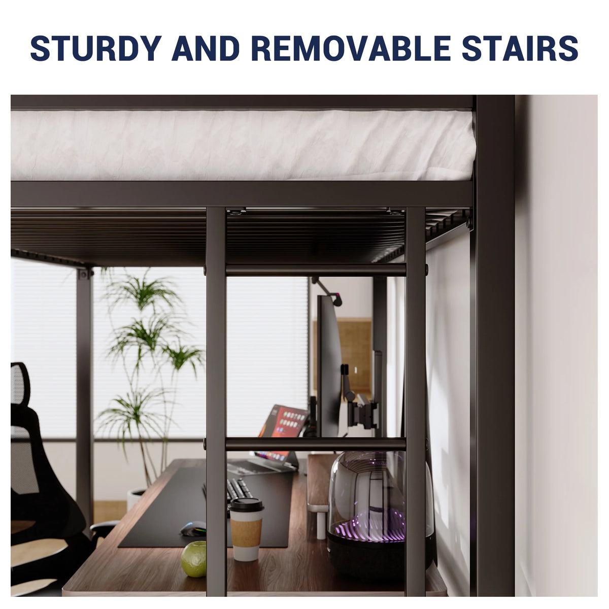Sifurni Black Heavy Duty Twin Size Metal Loft Bed with Full-Length Guardrail & Removable Stairs