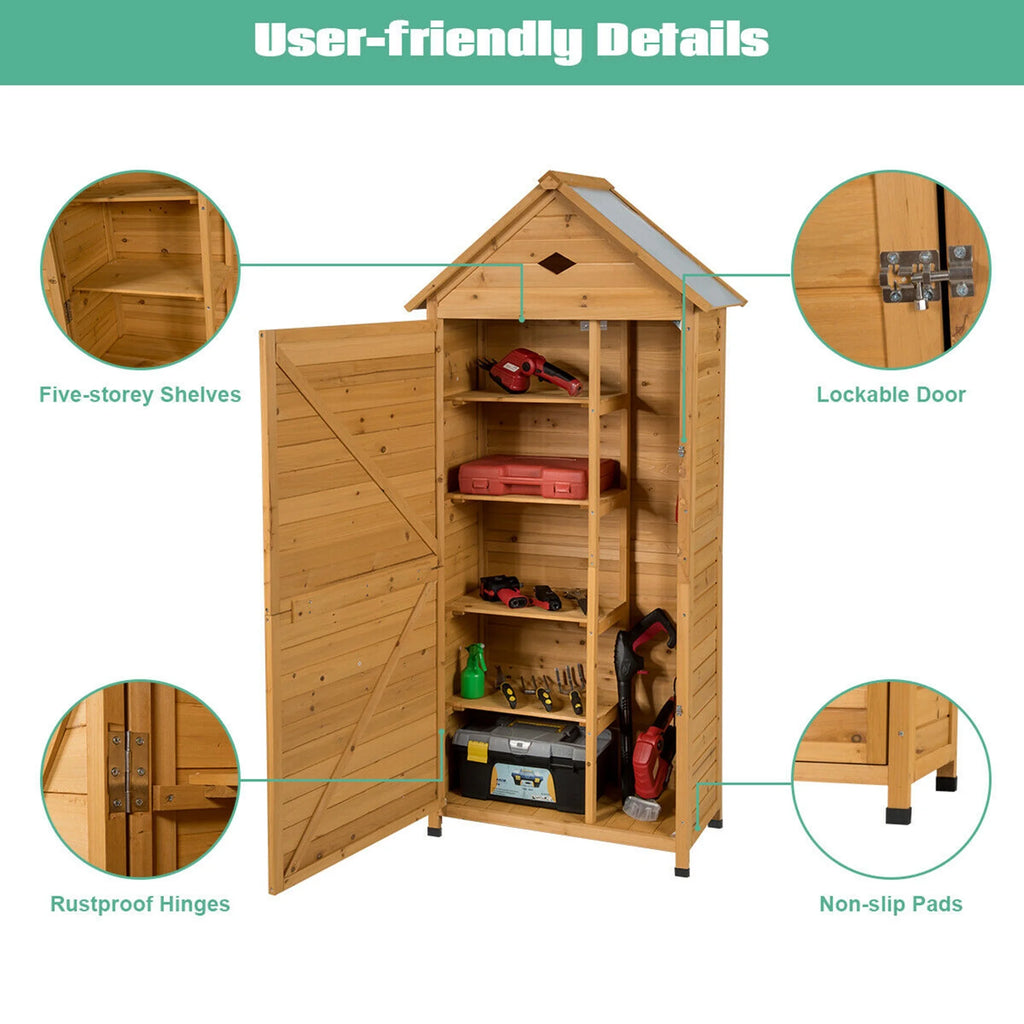 Gymax Outdoor Storage Shed Lockable Wooden Garden Tool Storage Cabinet W/ Shelves