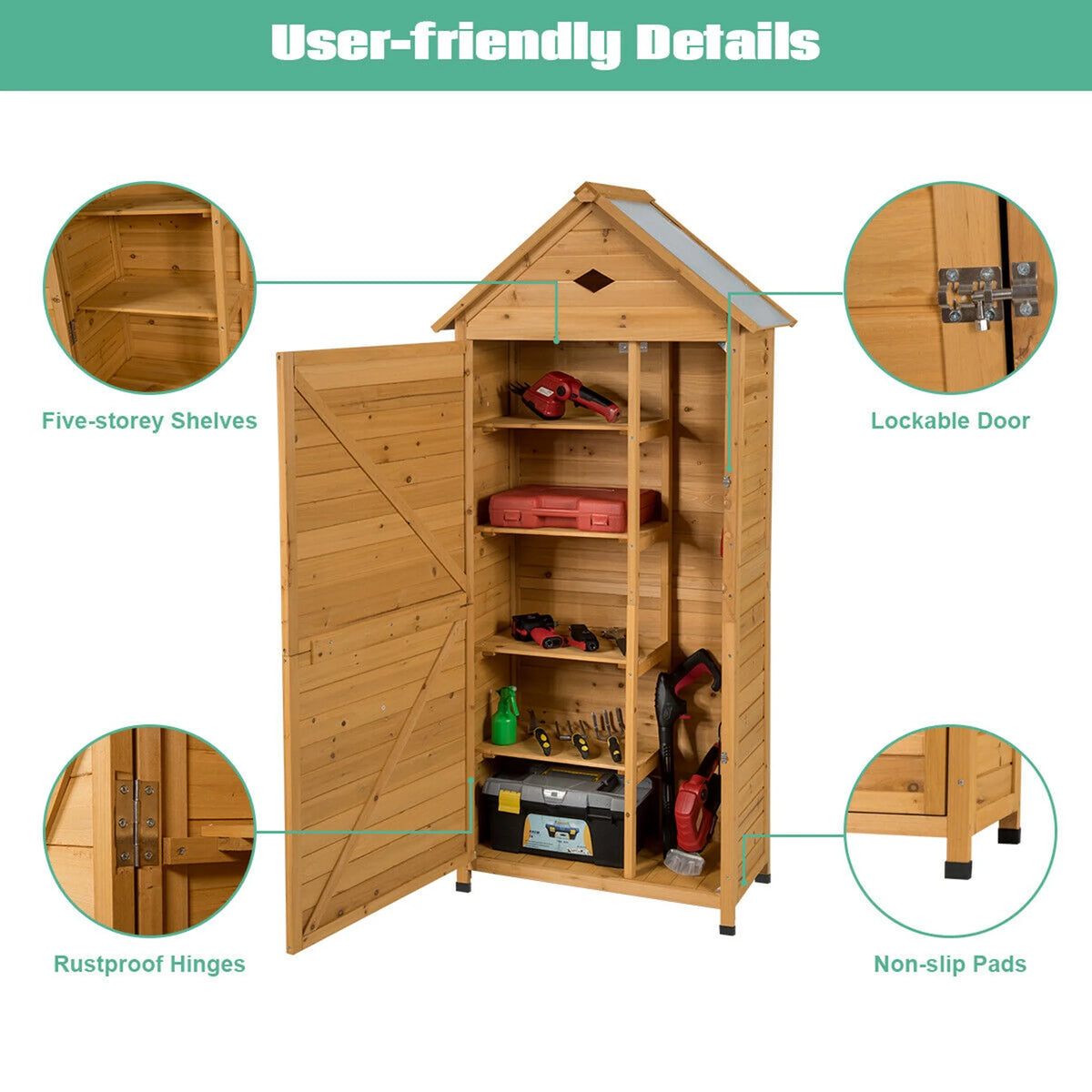 Gymax Outdoor Storage Shed Lockable Wooden Garden Tool Storage Cabinet W/ Shelves
