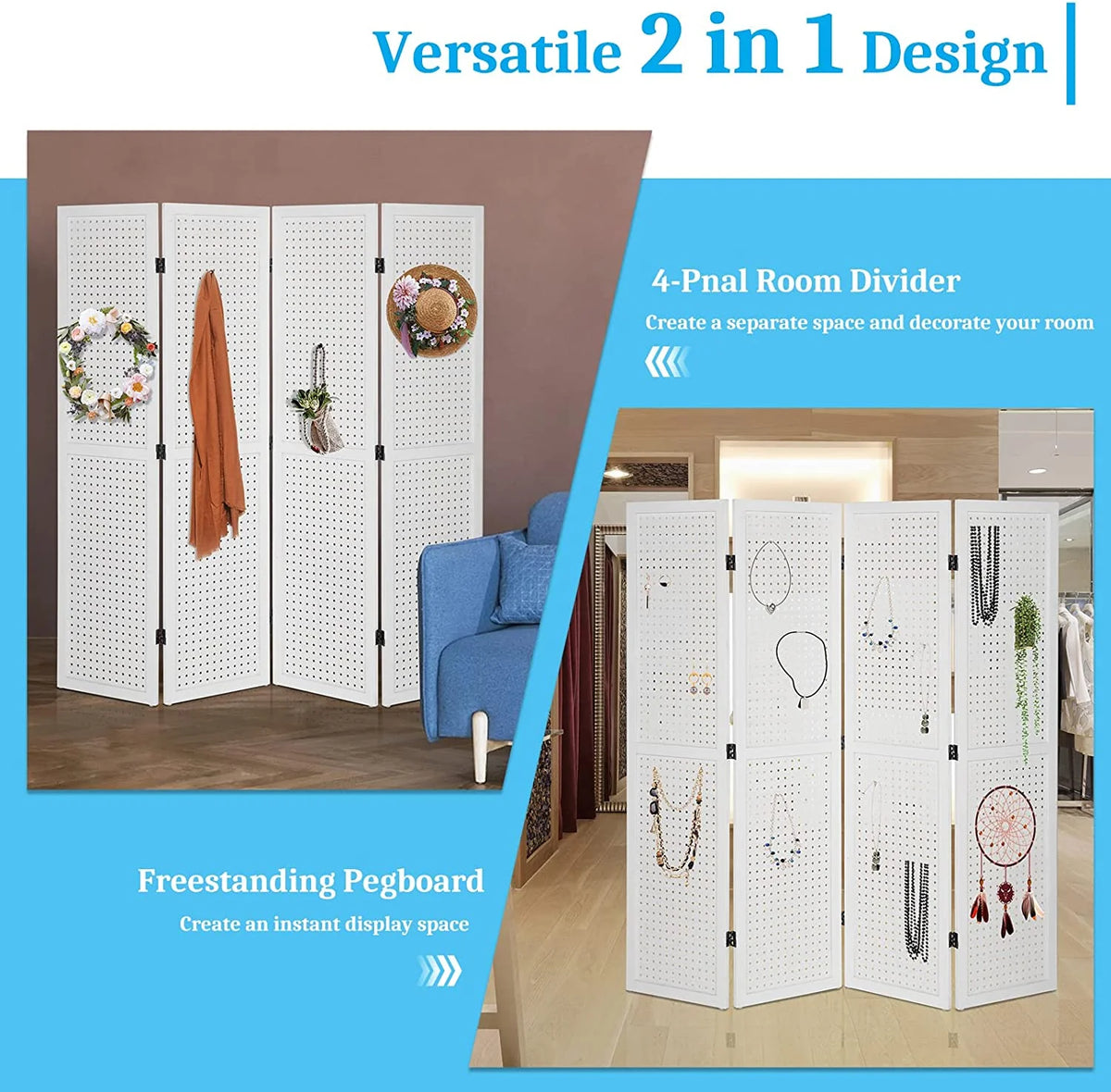 Bonnlo 4 Panel Pegboard Freestanding, 5 FT Portable Display for Craft Show Jewelry, Wooden Folding Room Divider