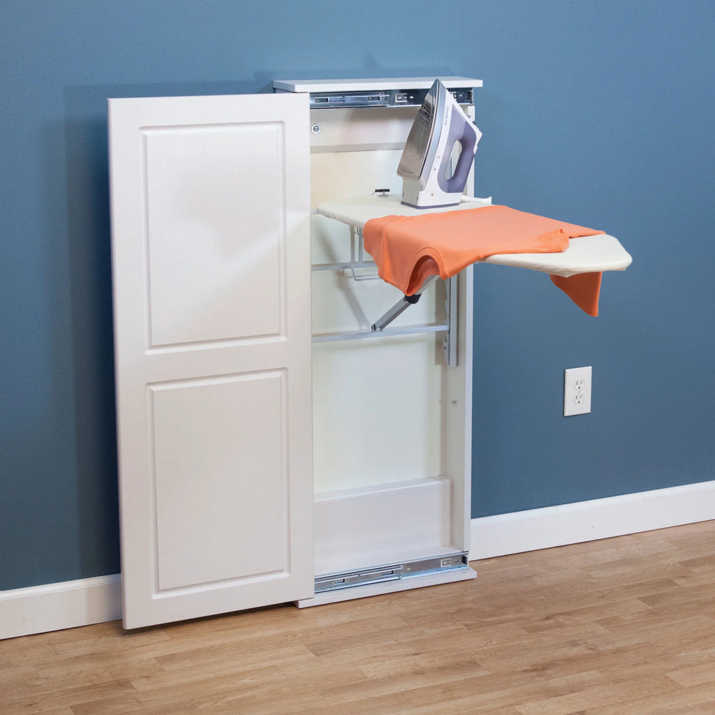 Household Essentials Iron n Fold Wall Ironing Board Cabinet, Built-In Ironing Board, Sturdy MDF, Melamine Cabinet, 7 Height Settings, Mounts Securely to Wall, Includes Pad with Cover, White