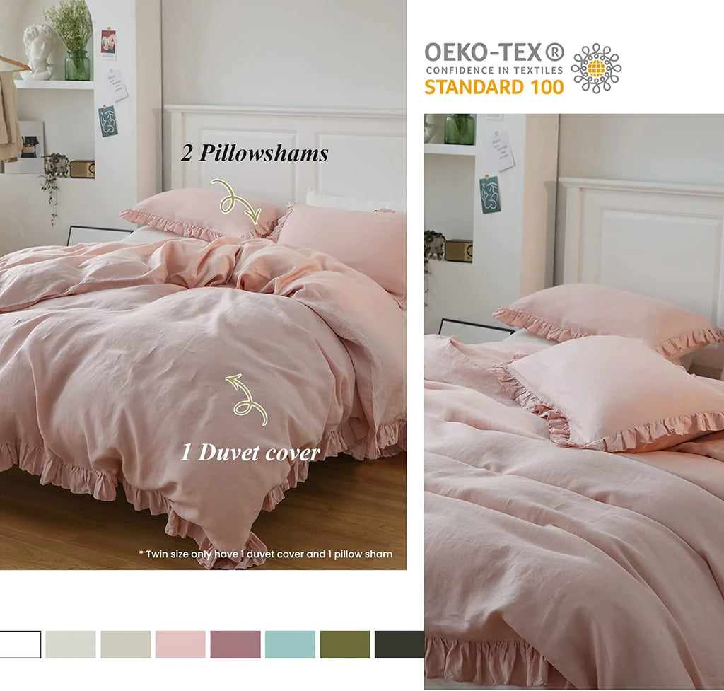 Simple&Opulence 100% Washed Linen Duvet Cover Set-3 Pieces Shabby Chic Premium Ruffled Bedding with 1 Comforter Cover and 2 Pillowshams France Flax High End Frill Sets Vintage Style(King, White)