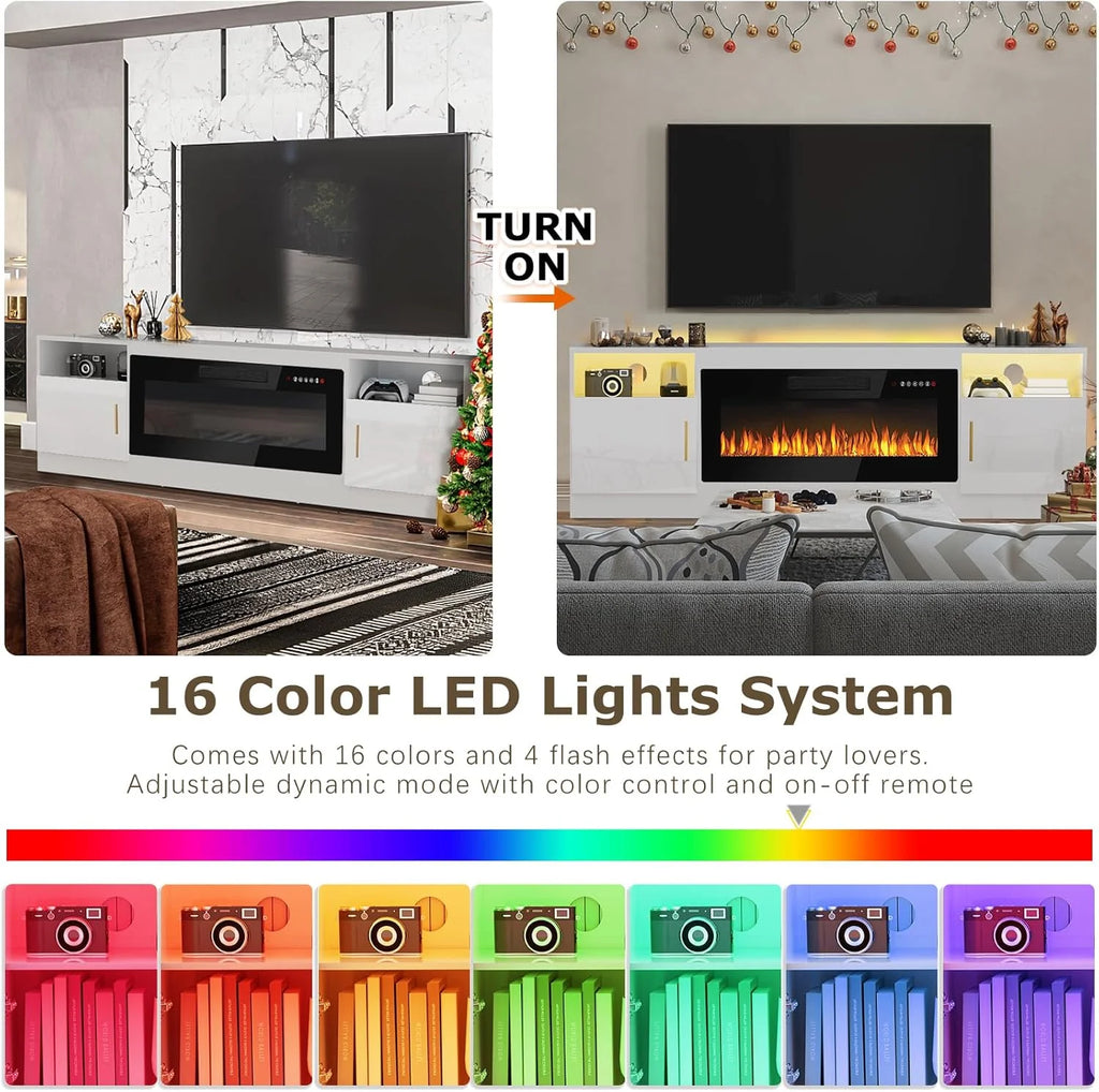 Waleaf Fireplace tv Stand with 36 inch Fireplace Up to 80" TVs,LED Light Entertainment Center and Storage