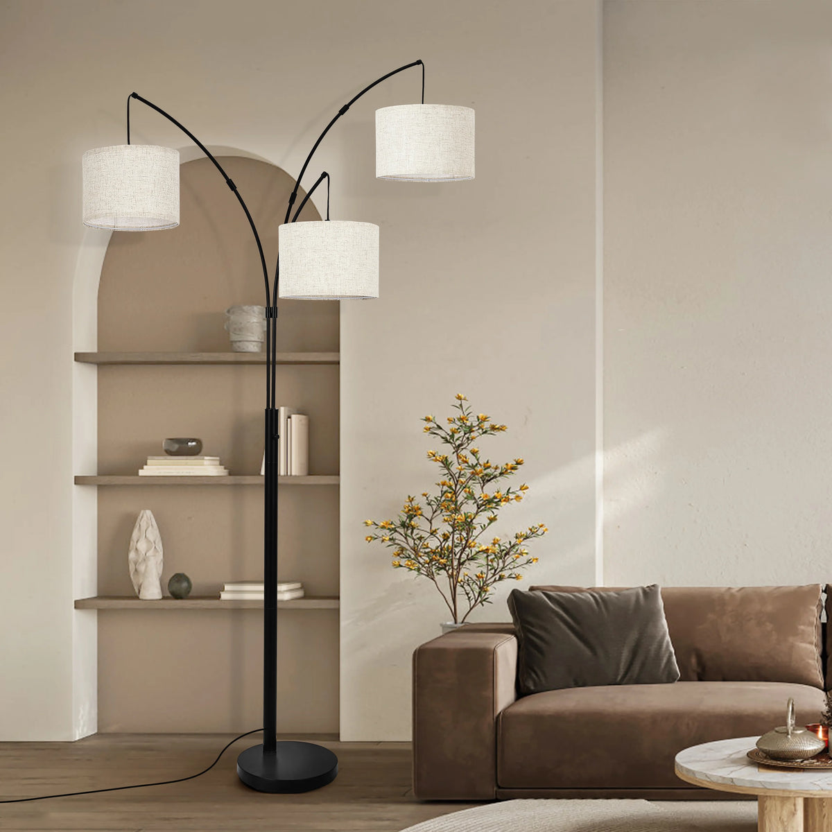 Netin 80 3-Light Modern Dimmable Black Arc Floor Lamp with Beige Shades