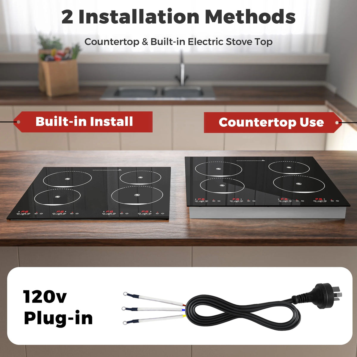 Advwin  4 Burner Electric Stove Top 24 Inch Built-in Electric Stove Top,6000W Electric Ceramic Cooktop with 4H Timer, Kid Safety Lock and Knob Control, 9 Heating Level,220v(No Plug)