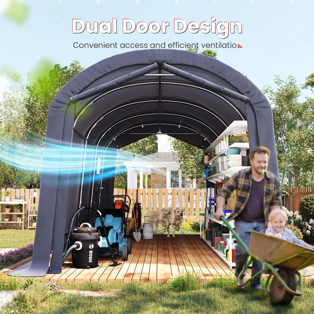 KING BIRD 10' x 20' Heavy Duty Carport Round Style Outdoor Instant Anti-Snow Storage Shelter Garage Car Canopy with Reinforced Ground Bars